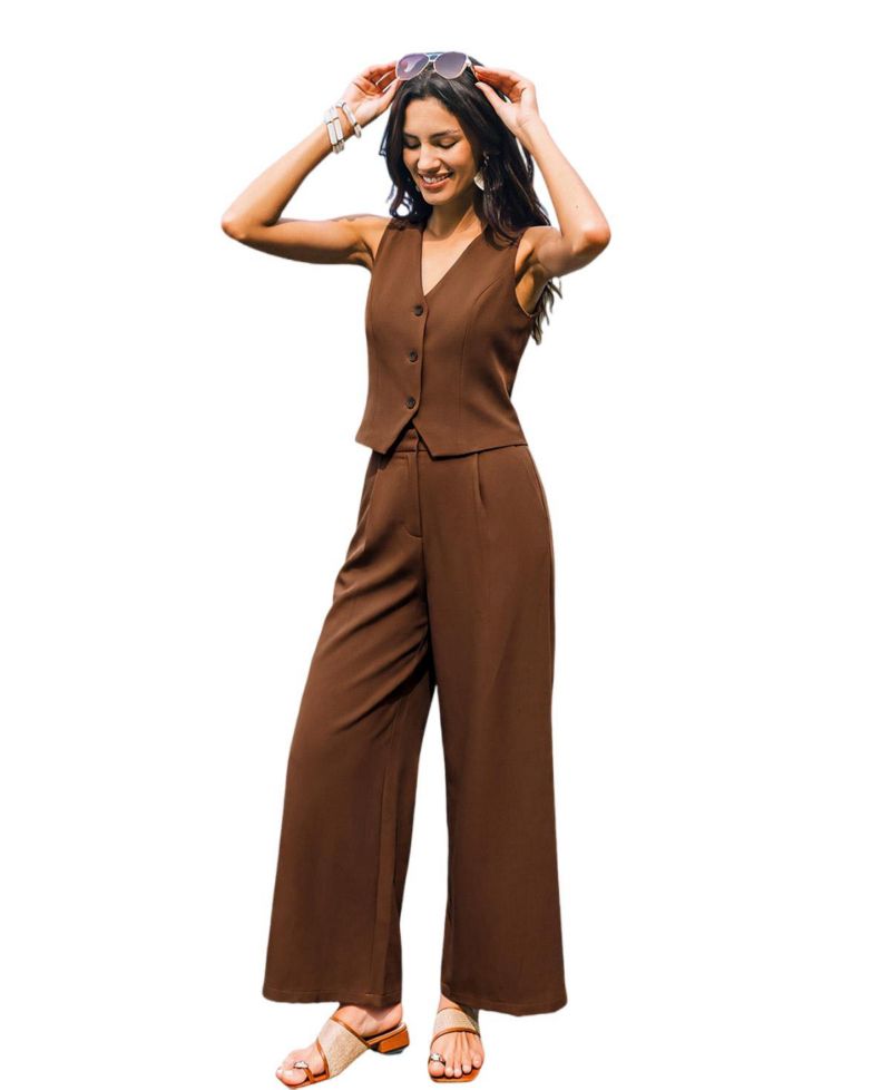 Women's Tailored V-Neck Vest and Wide-Leg Pants, 2-Piece Set