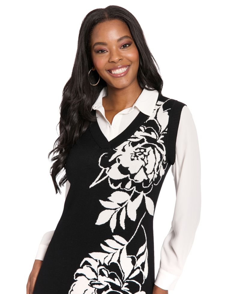 Petite Sweater Twofer Floral-Print A-Line Long-Sleeve Dress