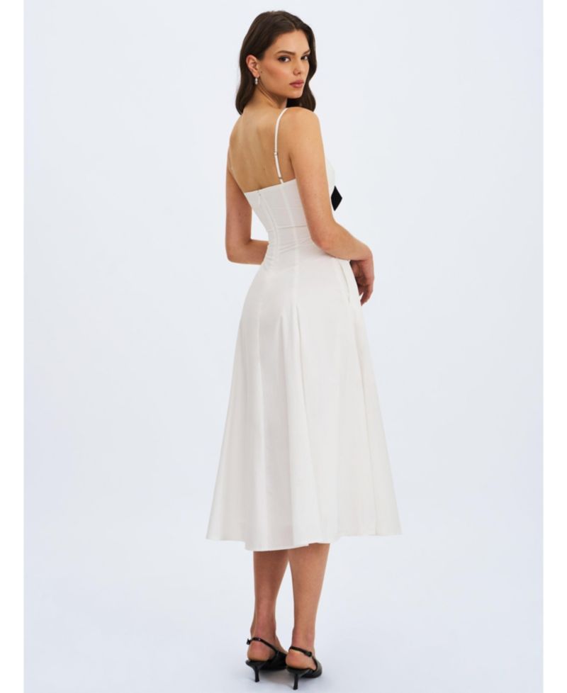 Women's Corinne White Poplin Flared Maxi Dress with Removable Bow