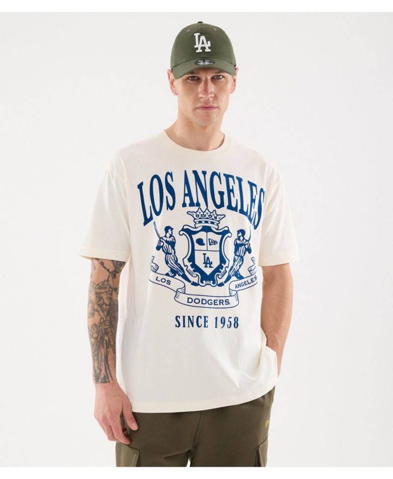 Men's Light Beige Los Angeles Dodgers Lifestyle Coat of Arms Flocking T-Shirt