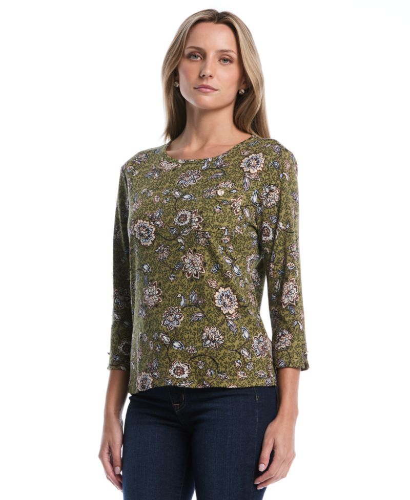 Women's Petite Floral 3/4-Sleeve Rib-Knit T-Shirt