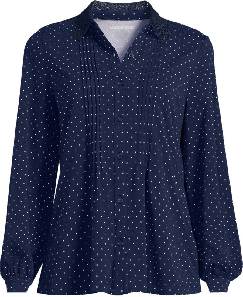 Plus Size Cotton Pintuck Lace Trim Collar Long-Sleeve Blouse