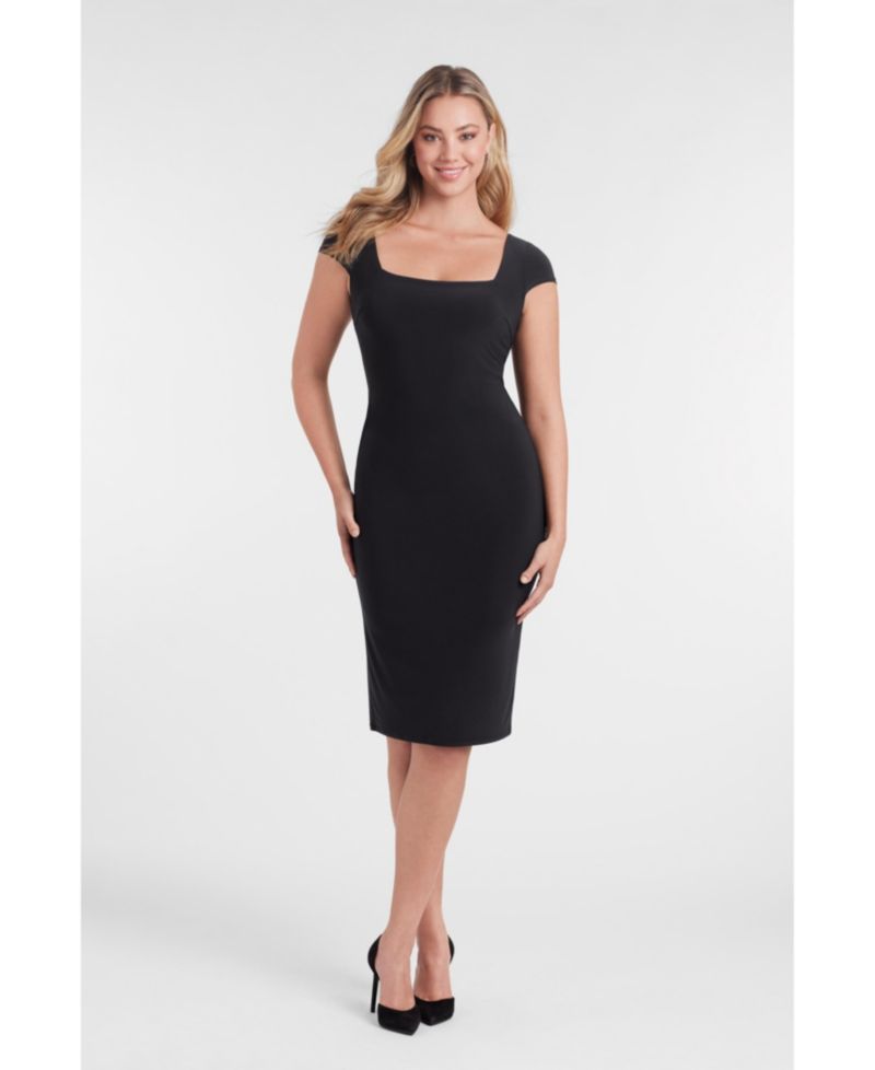 Women's Sculpting Shapewear Square Neck Cap Sleeve Solid Midi Dress