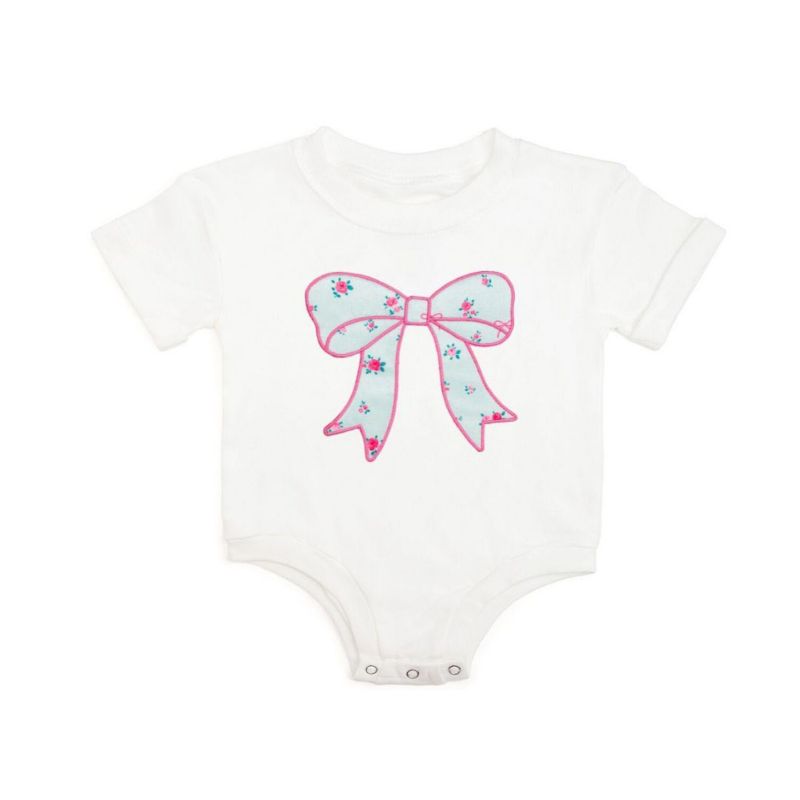 Baby Girls Sky Blue Floral Bow Patch Short Sleeve Romper