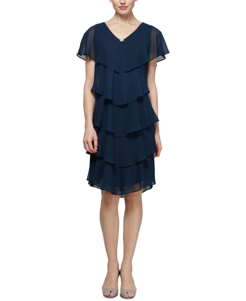 Petite Tiered Rhinestone Capelet Dress