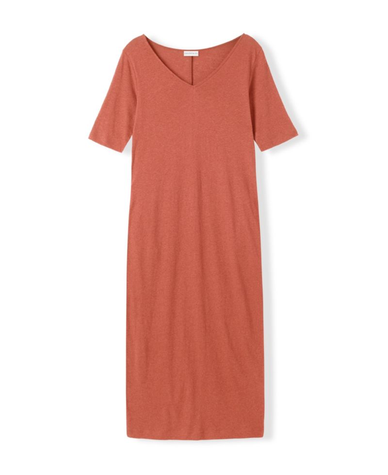 Women's Linen Blend V-Neck Midi Dress