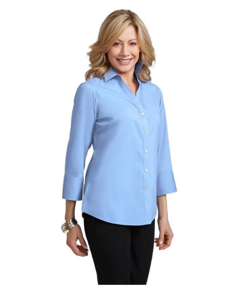 Women's Madie 3/4 Sleeve No Iron Blouse with V Neck Placket and Optional Turn Up Cuffs