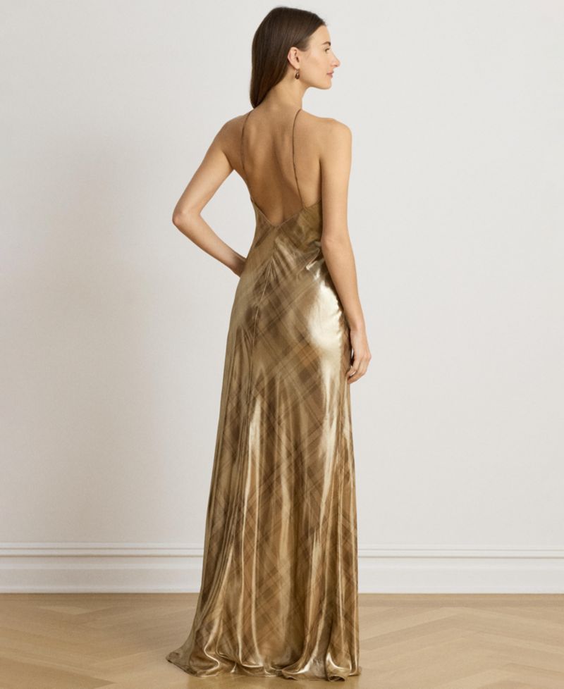 Women's Halter Metallic Plaid Gown
