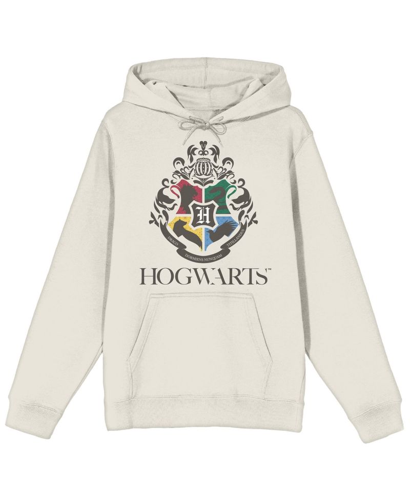 Minimal Hogwarts Crest Long Sleeve Natural Adult Hooded Sweatshirt-XL