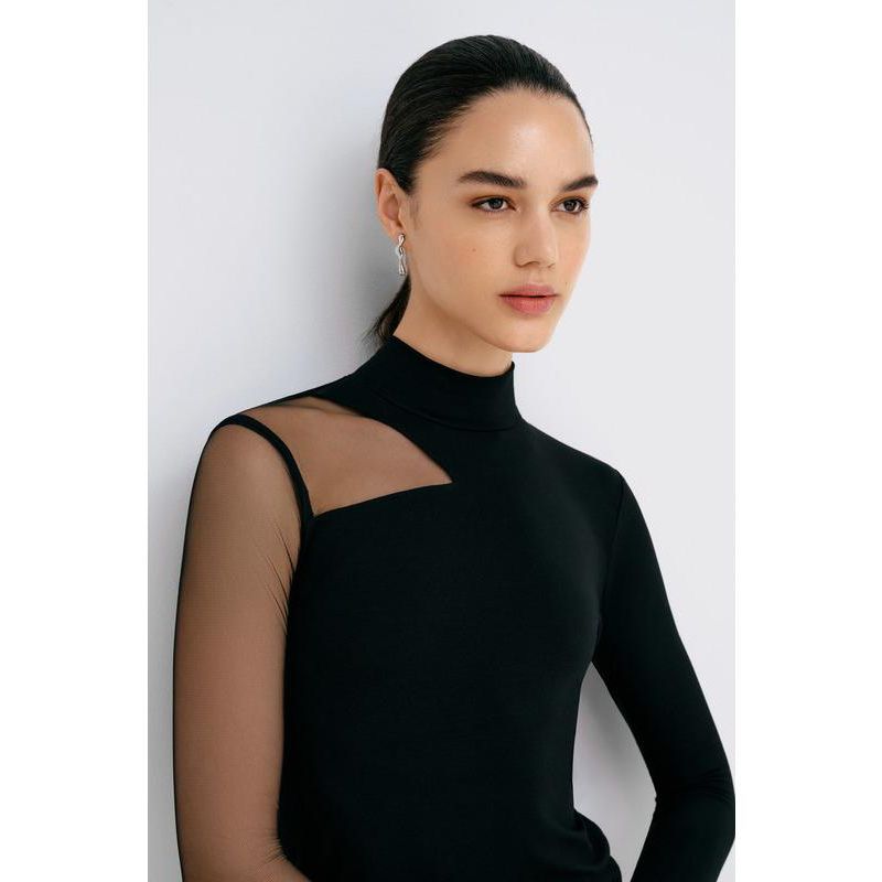 Women's Ysabel Mock-Neck Mesh-Sleeve Fitted Jersey Top