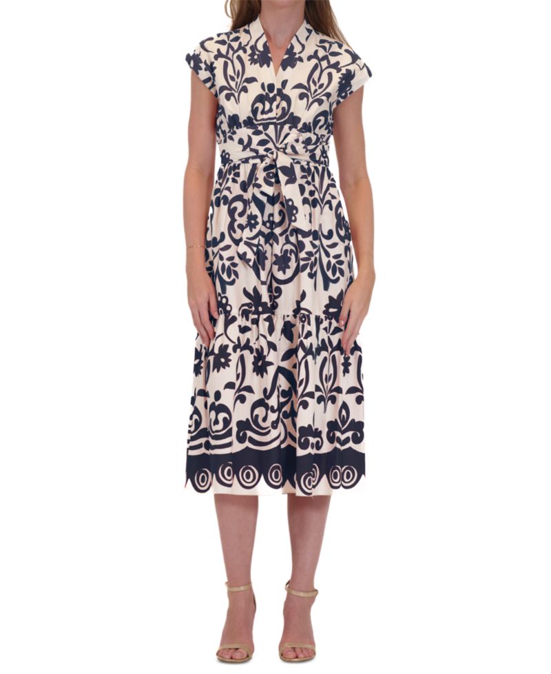 Women's Printed Belted Fit & Flare Dress