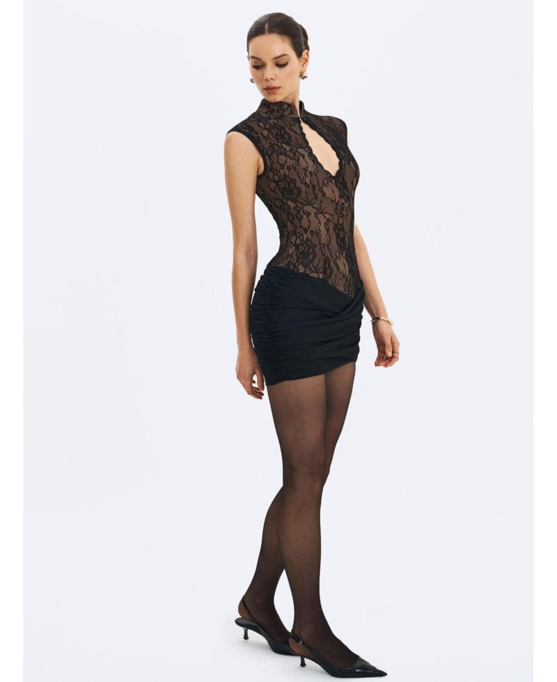 Women's Valerie Black Lace Teardrop Neckline Ruched Mini Dress