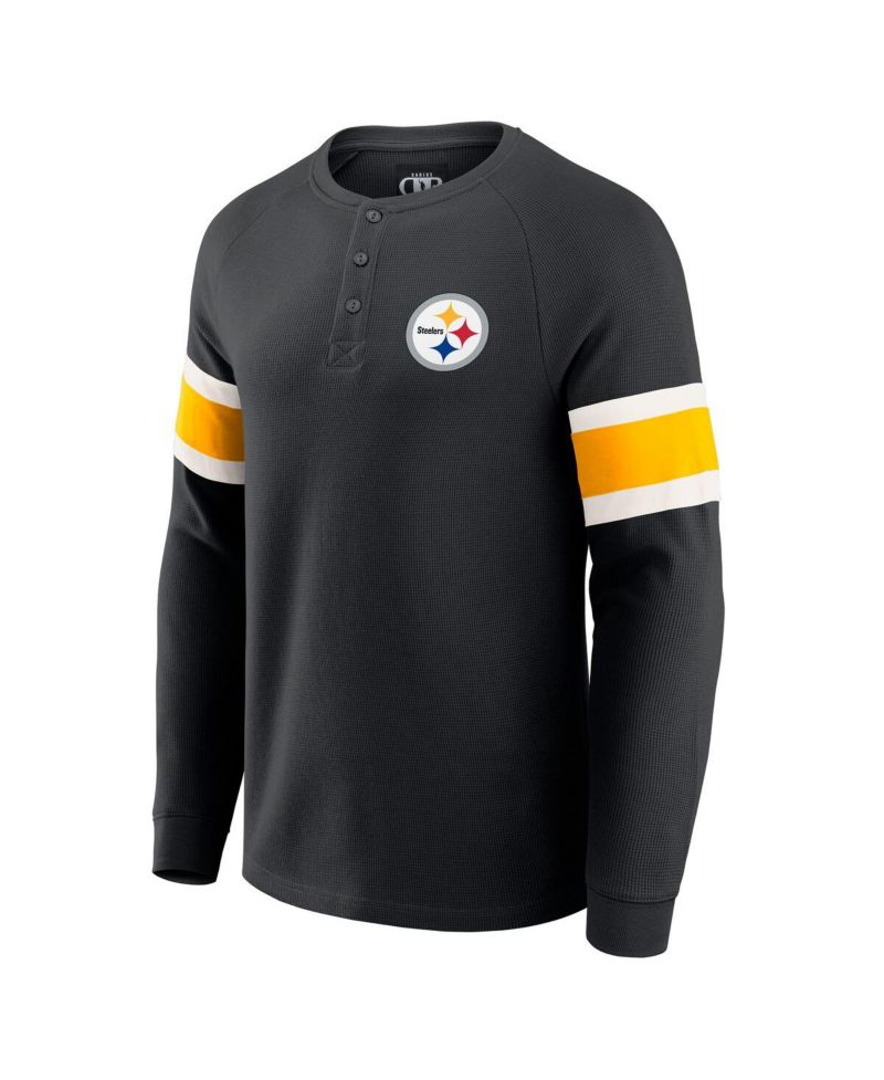 Men's Black Pittsburgh Steelers Waffle-Knit Raglan Long Sleeve Henley T-Shirt
