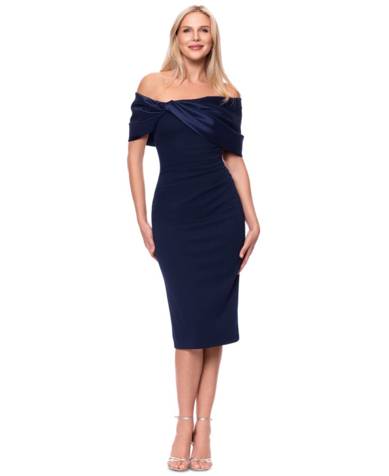 Plus Size Off-the-Shoulder Midi Sheath Satin Dress