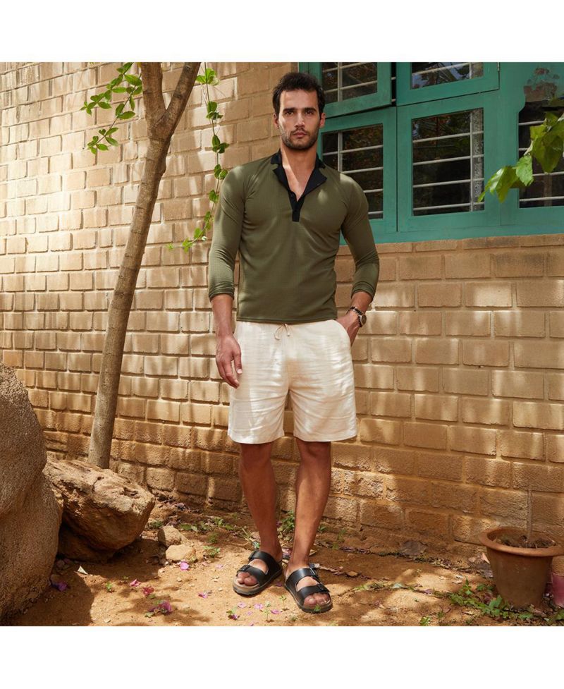 Men's Olive Green Obsidian Black Textured Cuban Polo T-Shirt
