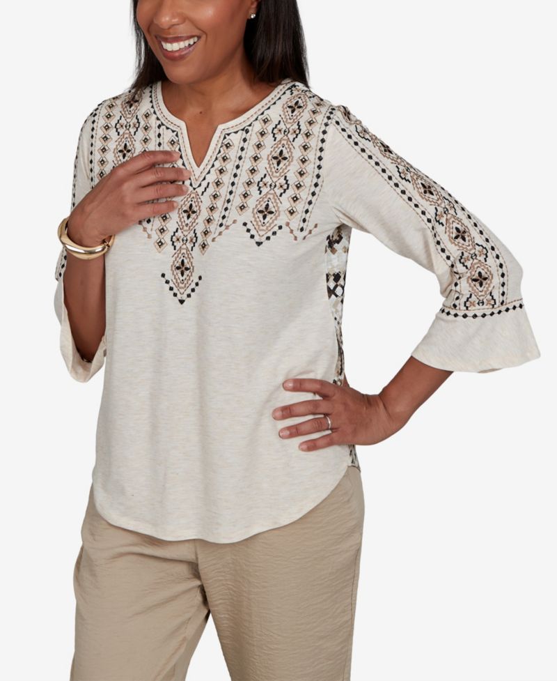 Petite Travel Advisory Geometric-Embroidered 3/4-Sleeve Henley Top