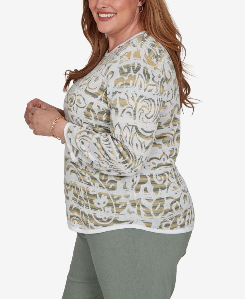 Plus Size Provence 3/4-Sleeve Crewneck Paisley-Stripe Spacedye Sweater