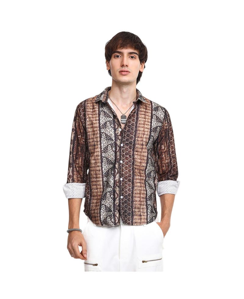Men's Chocolate Brown Folk Print Shirt