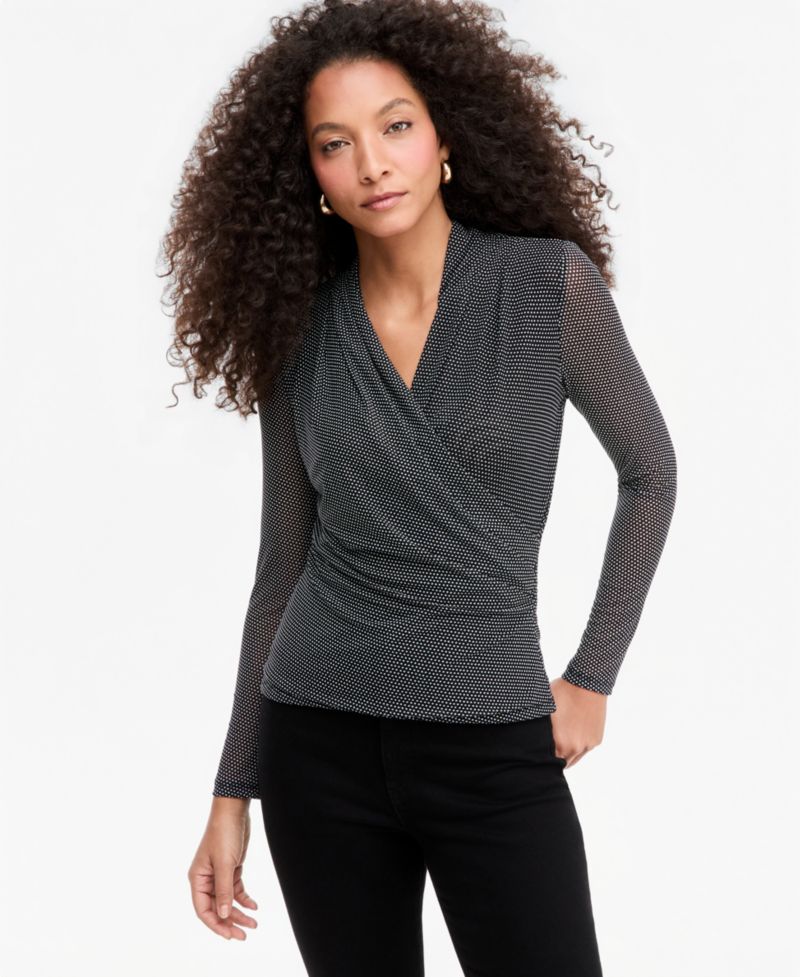 Women's Long-Sleeve Surplice Mesh Top