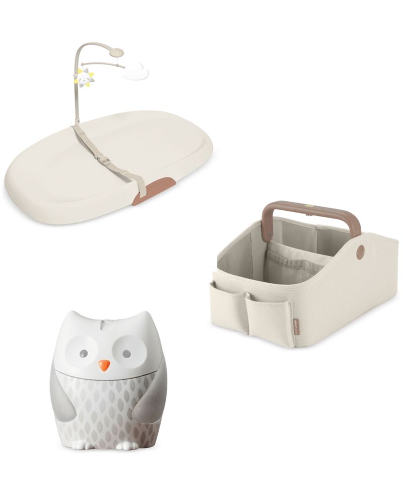 Moonlight Melodies Owl Nightlight Soother, Nursery Style Light-Up Diaper Caddy & Nursery Style Wipe-Clean Changing Pad