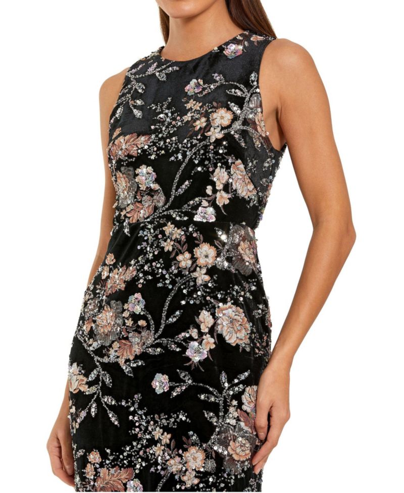 Women's Embroidered Velvet High Neck Sleeveless Midi Dress
