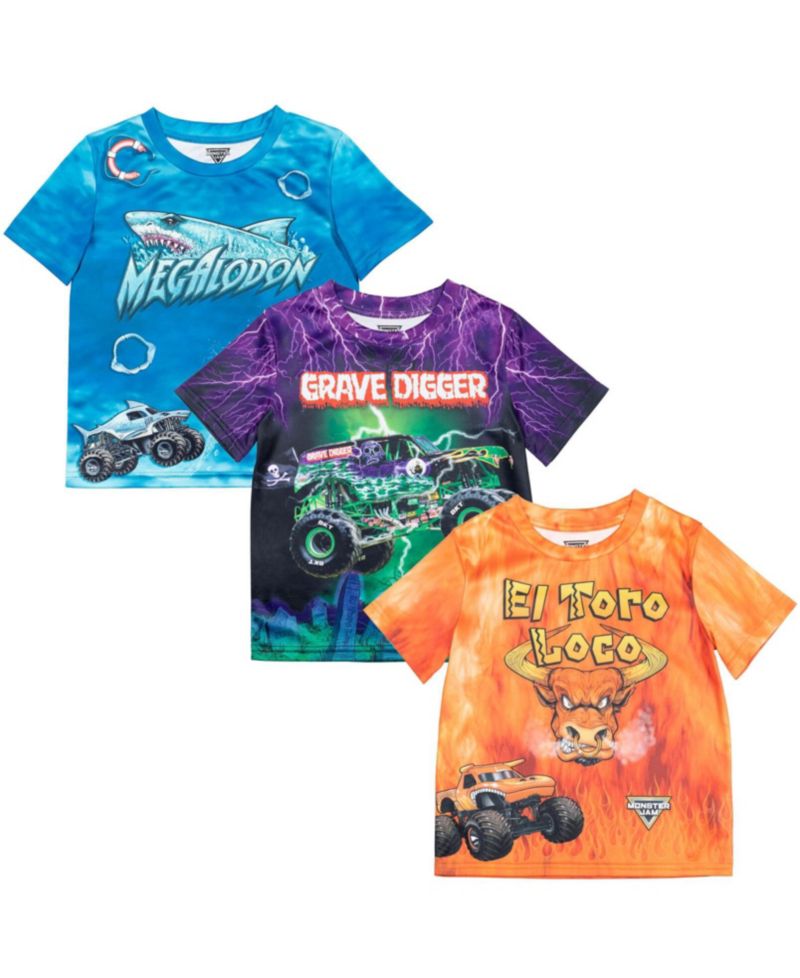 Toddler Boys 3 Pack T-Shirts to Grave Digger El Toro Loco Megalodon