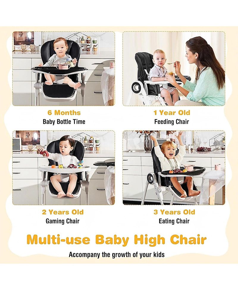 Baby Foldable High Chair with 4 Lockable Wheels and Double Tray