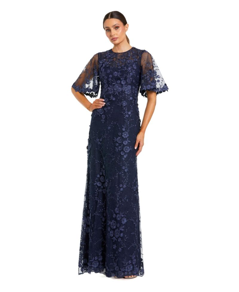 Petite Flutter Sleeve Floral Embroidered Net Gown