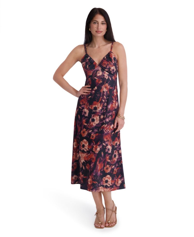 Women's Printed Satin Sleeveless V-Neck Maxi Dress