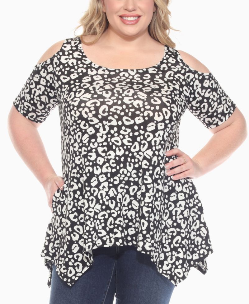 Plus Size Cold Shoulder Leopard Print Short Sleeve Knit Top