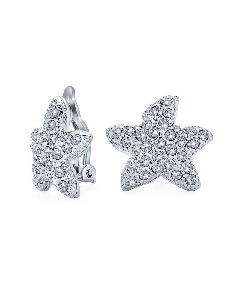 Nautical Beach Crystal Starfish Clip On Earrings Non Pierced Silver Plated