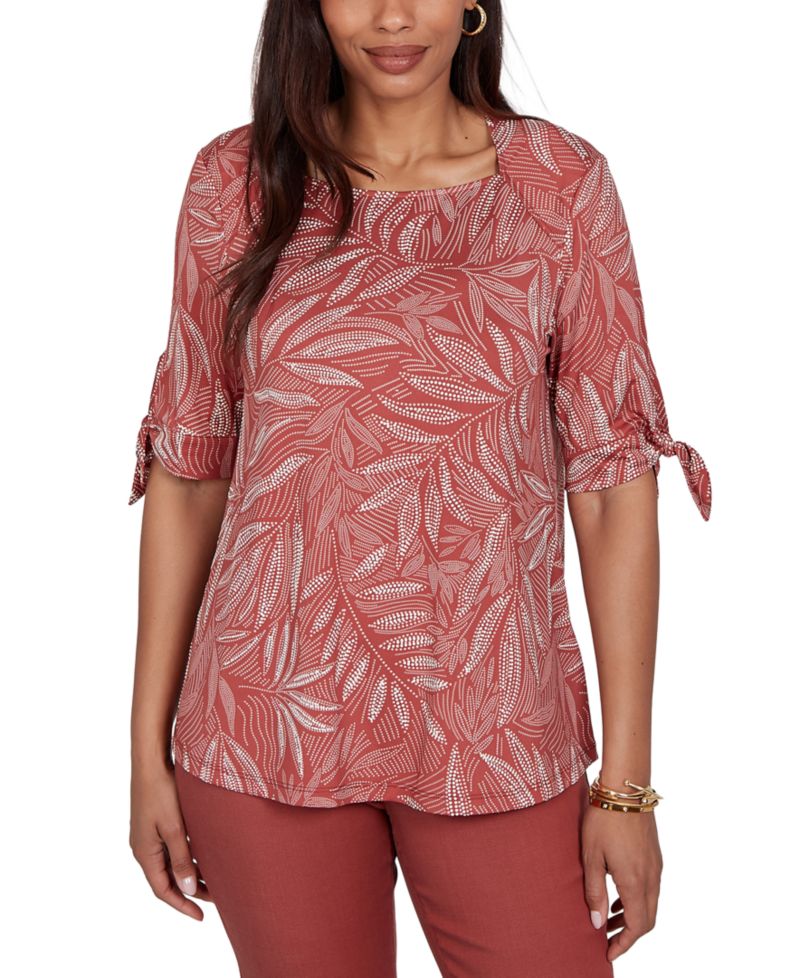 Petite Leaf Puff Print Knit Tie-Sleeve Top