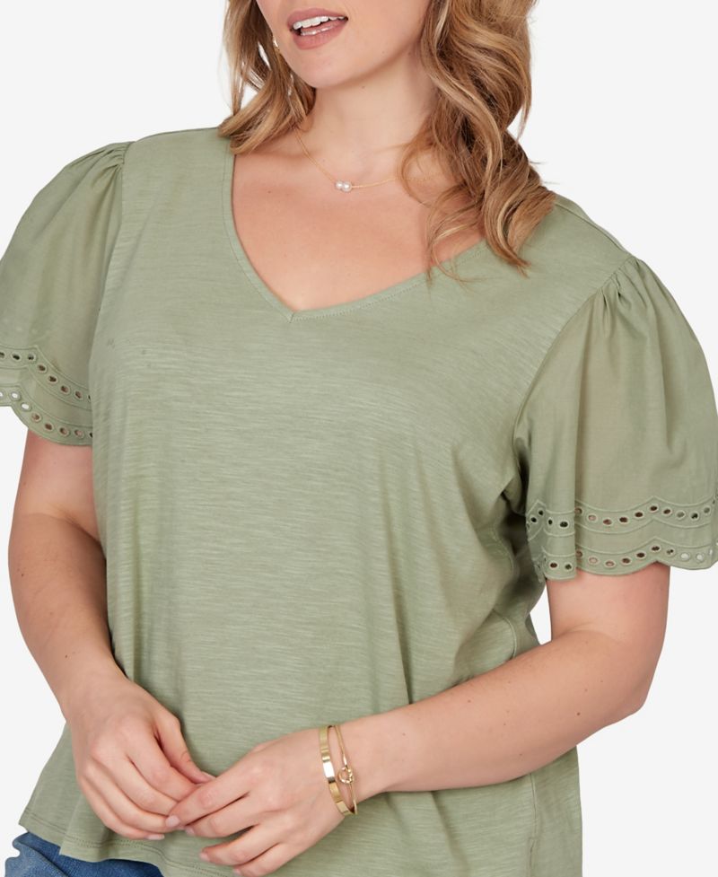 Plus Size Eyelet Poplin-Sleeve Slub Knit Top