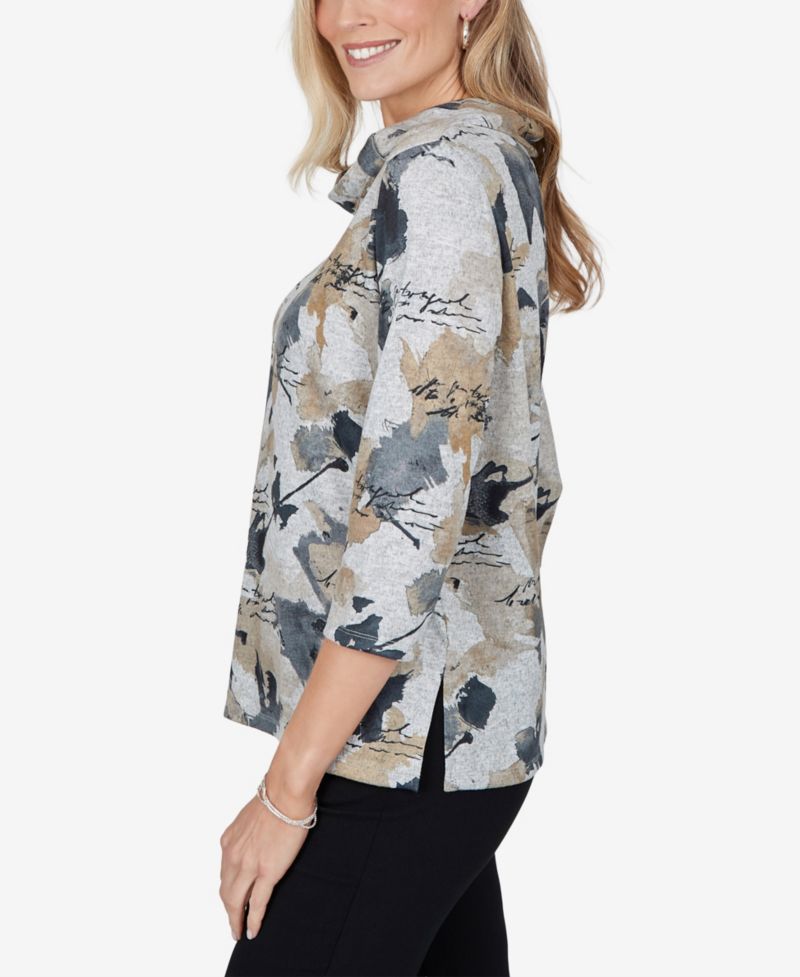 Petite Cowl Neck 3/4-Sleeve Print Blouse