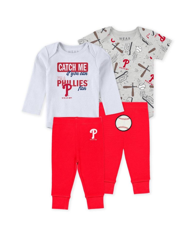 Baby Boys and Girls 3-Piece Heather Gray/White/Red Philadelphia Phillies Turn Me Around Bodysuits and Pants Set