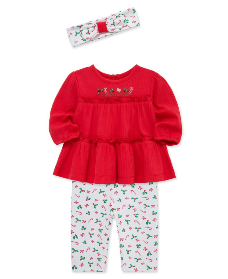 Baby Girls' Candy Cane Embroidered Tunic Top, Pants and Headband, 3-Piece Set