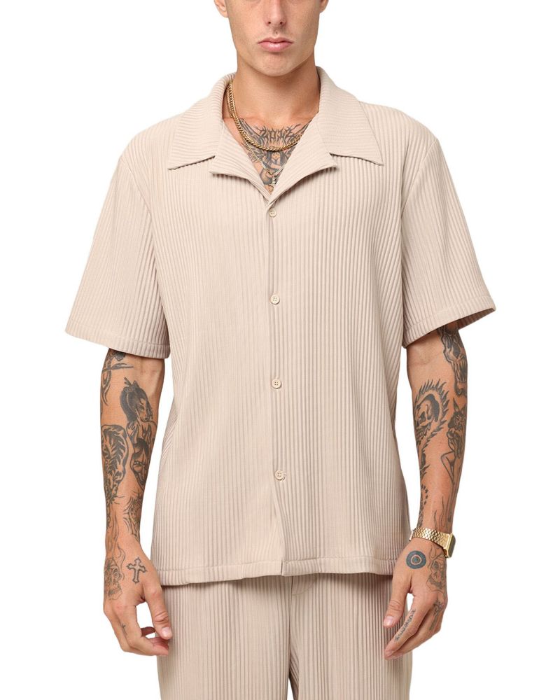 Men's Pleated Button Up Shirt - Tan L