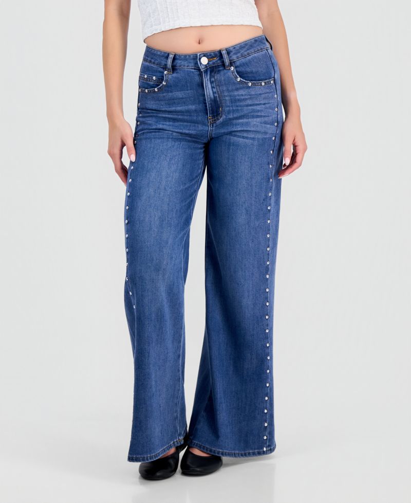 Juniors' High-Waisted Wide-Leg Studded Jeans