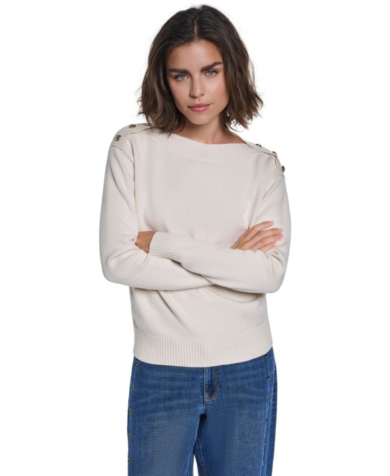 Women's Button Shoulder Boat Neck Long-Sleeve Sweater