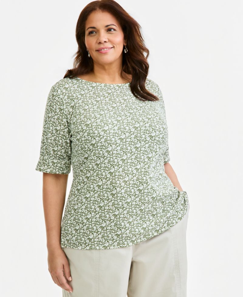 Petite Printed Boat-Neck Elbow Sleeve Top