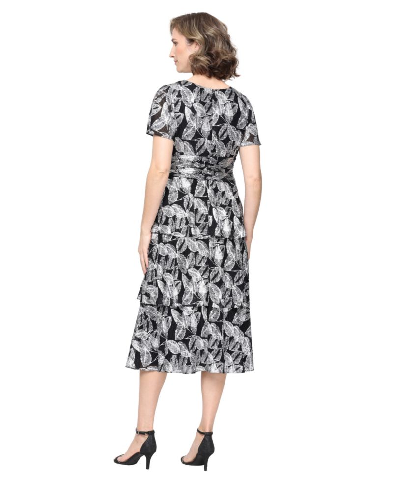 Women's Tea Length Foil-Print Flutter-Sleeve Dress