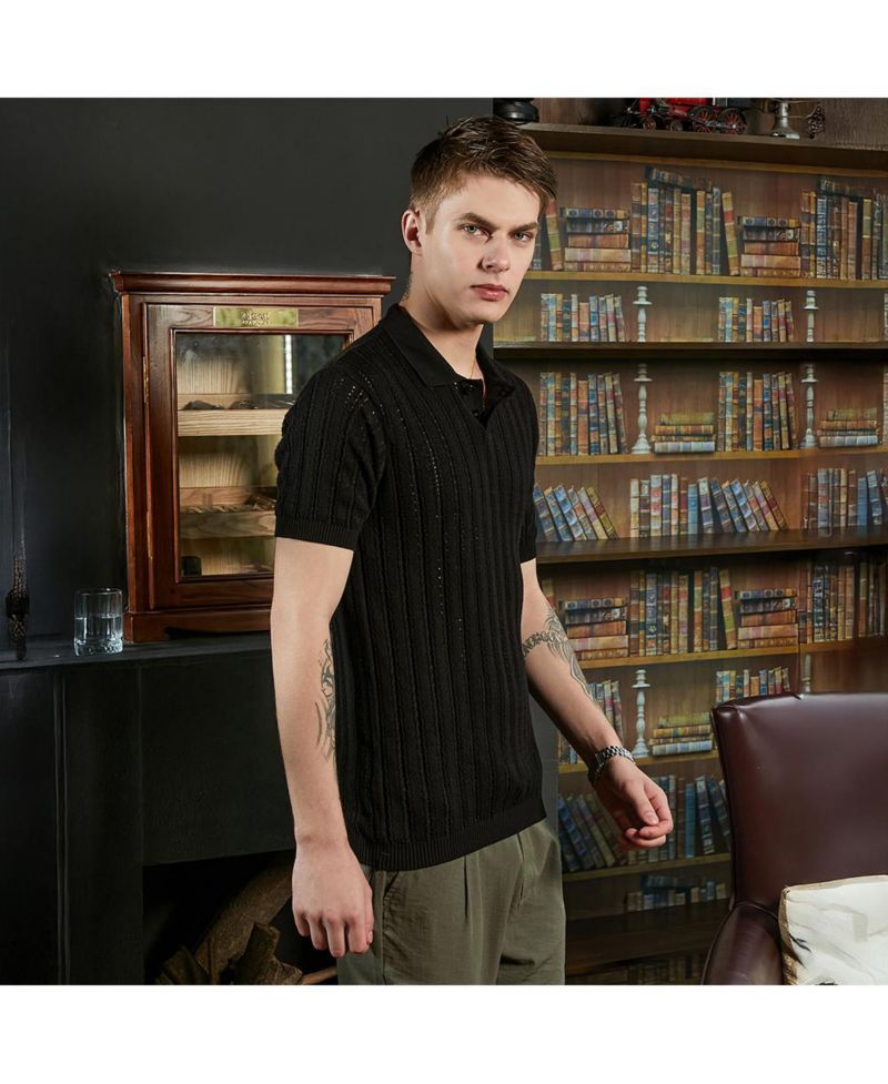 Men's Obsidian Black Stripe-Textured Polo T-Shirt