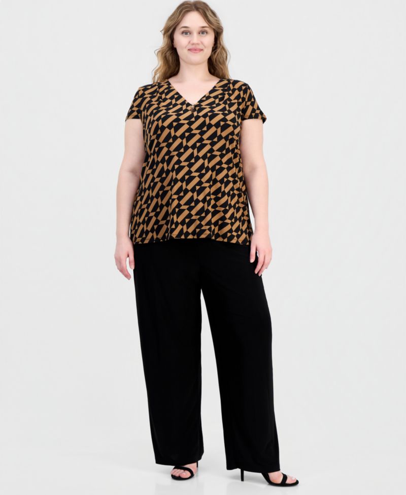 Plus Size Printed V-Neck Cap-Sleeve Top