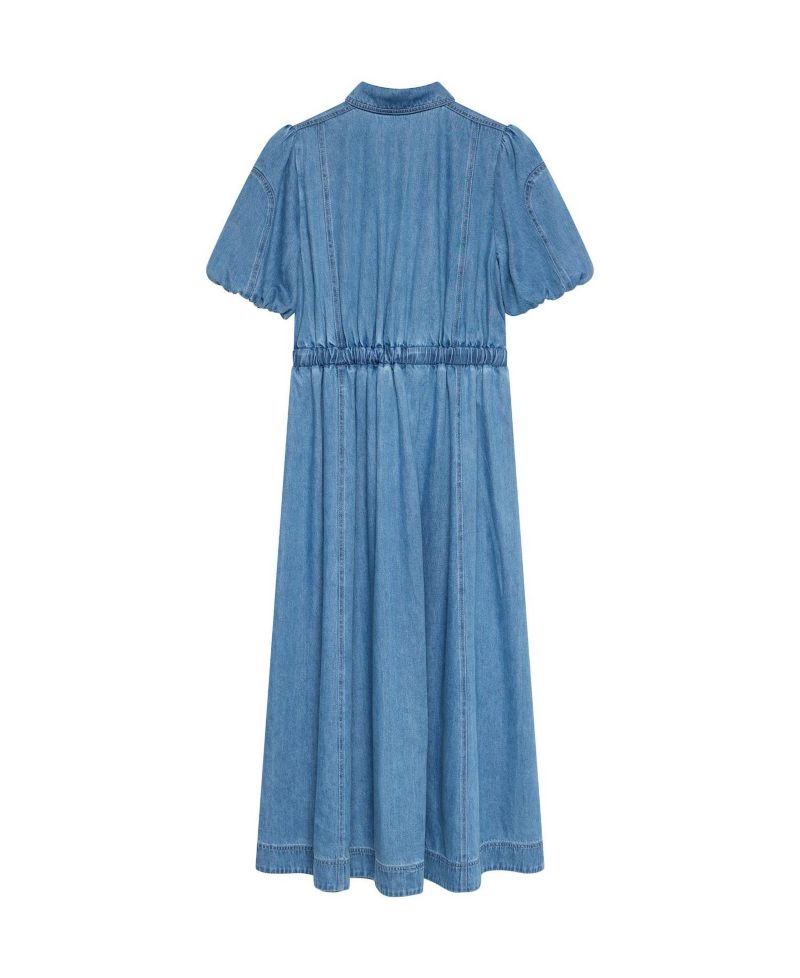 Women's Twist Puff-Shoulder Cotton-Blend Denim Midi Dress