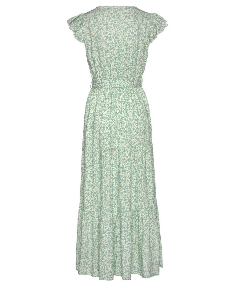 Women's Viscose Printed Flutter Sleeve V-Neck Elastic-Waist Maxi Dress