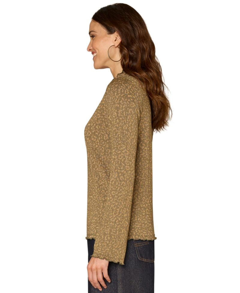 Women's Mock Neck Long Bell Sleeve Animal Print Blouse