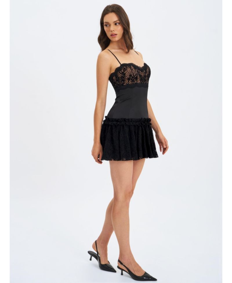Women's Umra Black Contrast Lace Sweetheart Gathered Mini Dress