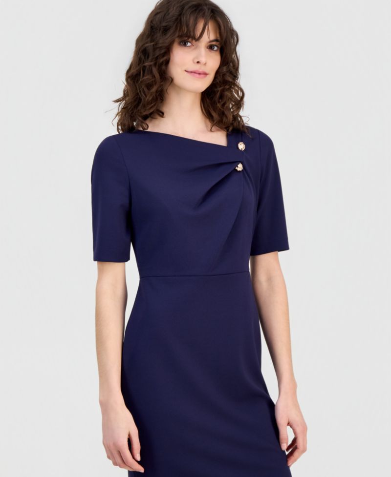 Women's Asymmetric-Neck Elbow-Sleeve Dress