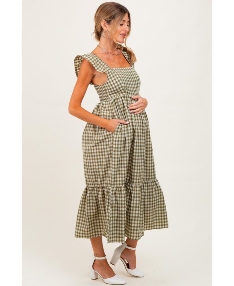 Women's Olive Gingham Ruffle Strap Midi Dress
