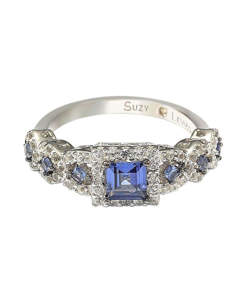 Suzy Levian Sterling Assher Cut Sapphire and Created Sapphire Proposal Ring